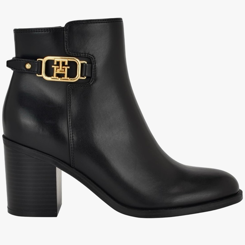 Tommy Hilfiger Black Ankle Boot with Gold Logo Accent - Picture 2 of 7